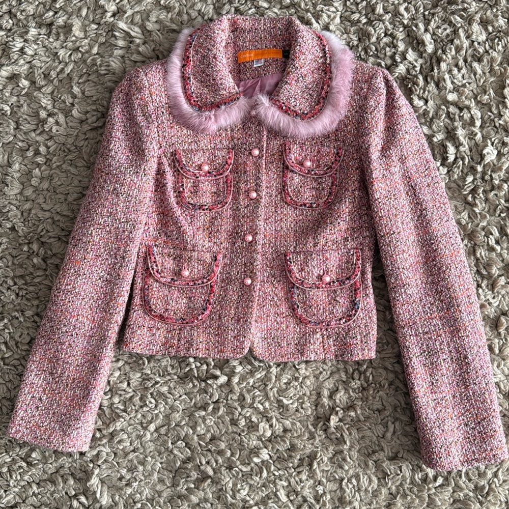 Cynthia Steffe Pink Tweed Jacket with Faux Fur Collar size small